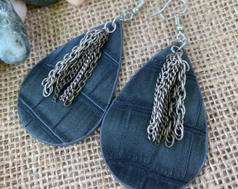Faux Leather Chain Dangle Earrings - Bohemian Boho Natural Gyspy Hippie Steampunk Vibe Jewelry Embossed Leather Look Firece