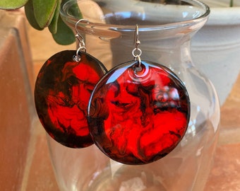 Paint Pour Earrings - Lightweight Hand Painted Wooden Resin Coated Earrings - One of a Kind Artistic Unique Jewelry