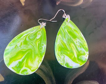 Paint Pour Earrings - Lightweight Hand Painted Wooden Resin Coated Earrings - One of a Kind Artistic Unique Jewelry