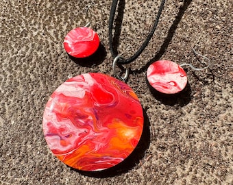 Paint Pour Jewelry - Lightweight Hand Painted Necklace and Earring set - One of a Kind, Unique pieces of wearable art - REDS CIRCLE