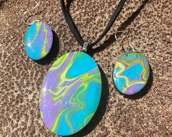 Paint Pour Jewelry - Lightweight Hand Painted Necklace and Earring set - One of a Kind, Unique pieces of wearable art - BLUES PURPLES GREEN