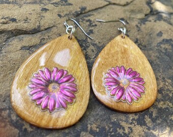 Lightweight Wooden Earrings Resin Coated Flower - One of a Kind Artistic Unique Jewelry - Summer Bloom Jewelry Beach Nature Lover