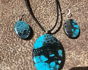 Paint Pour Jewelry - Lightweight Hand Painted Necklace and Earring set - One of a Kind, Unique pieces of wearable art - BLUES BLACK OVAL