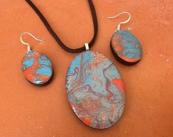 Paint Pour Jewelry - Lightweight Hand Painted Necklace and Earring set - One of a Kind, Unique pieces of wearable art - BLUES ORANGES