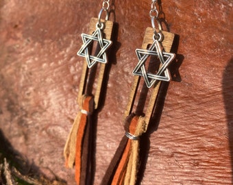 Star of David Earrings - Wood Long Rectangle with Suede Cord Fringe Jewish Star of David Earrings - Israel Hebrew Earrings 3.5 inch long