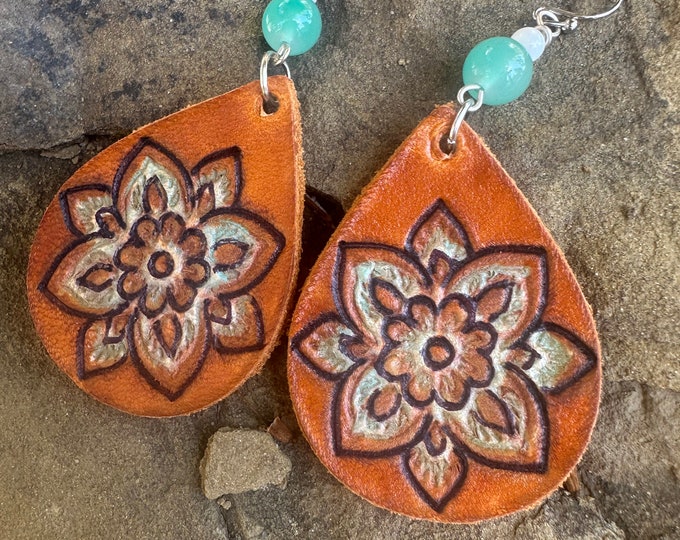 Genuine Leather Engraved Hand Painted Earrings - Bohemian Boho Natural Gyspy Vibe Jewelry Embossed Leather