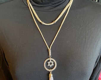 Star of David Necklace Long Tan Suede Cord Layered Necklace - Leather Tassel Dangles
