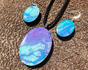 Paint Pour Jewelry - Lightweight Hand Painted Necklace and Earring set - One of a Kind, Unique pieces of wearable art - BLUES PURPLES OVAL