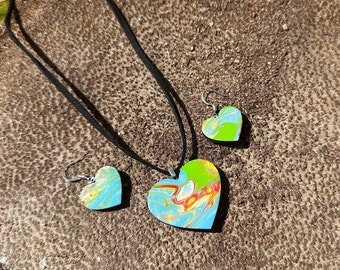 Paint Pour Jewelry - Lightweight Hand Painted Necklace and Earring set - One of a Kind, Unique pieces of wearable art - MUTLI COLOR HEART