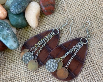 Faux Leather Chain Dangle Earrings - Bohemian Boho Natural Gyspy Hippie Steampunk Vibe Jewelry Embossed Leather Look Firece