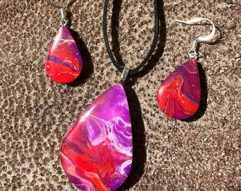 Paint Pour Jewelry - Lightweight Hand Painted Necklace and Earring set - One of a Kind, Unique pieces of wearable art - RED PURPLES TEARDROP