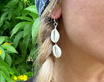 Cowrie seashell dangle earrings - beach lover, minimalist, BoHo, gypsy jewelry, ocean lover surfer jewelry