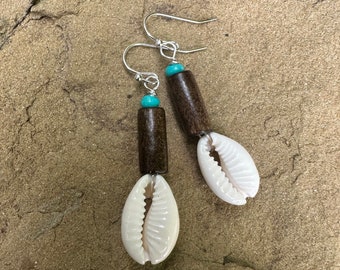 Cowrie seashell dangle earrings - beach lover, minimalist, BoHo, gypsy jewelry, ocean lover surfer jewelry