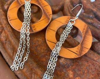 Faux Leather Chain Dangle Earrings - Bohemian Boho Natural Gyspy Hippie Steampunk Vibe Jewelry Embossed Leather Look Firece