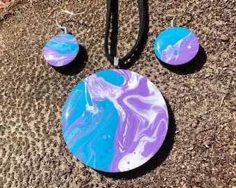 Paint Pour Jewelry - Lightweight Hand Painted Necklace and Earring set - One of a Kind, Unique pieces of wearable art - BLUES PURPLE CIRCLE