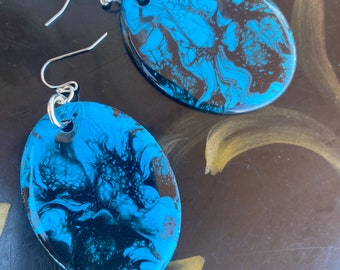 Paint Pour Earrings - Lightweight Hand Painted Wooden Resin Coated Earrings - One of a Kind Artistic Unique Jewelry