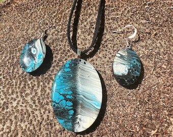 Paint Pour Jewelry - Lightweight Hand Painted Necklace and Earring set - One of a Kind, Unique pieces of wearable art - BLUE BLACKGREY OVAL