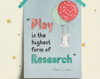 Play Is The Highest Form Of Research - Typographisches Poster mit Zitat von Albert Einstein, Deko für Kinderzimmer