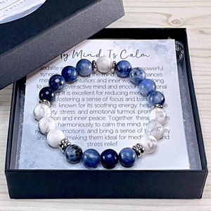 Sodalite and Howlite Beaded Gemstone Stretch Bracelet - Calming Crystals - Affirmations Included - Custom Sizes Available