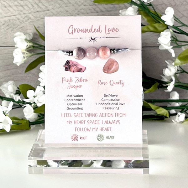 Grounded Love Adjustable bracelet - Rose Quartz and Pink Zebra Jasper Energy bracelet - Sliding knot bracelet