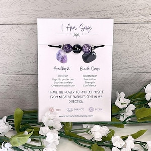 Pulsera ajustable I Am Safe - Pulsera de cristal curativo de amatista y ónix negro - Pulsera de nudo corredizo