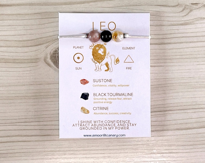 Leo Zodiac Adjustable bracelet - Sunstone, Black Tourmaline, Citrine bracelet with affirmation - Zodiac Sliding knot bracelet