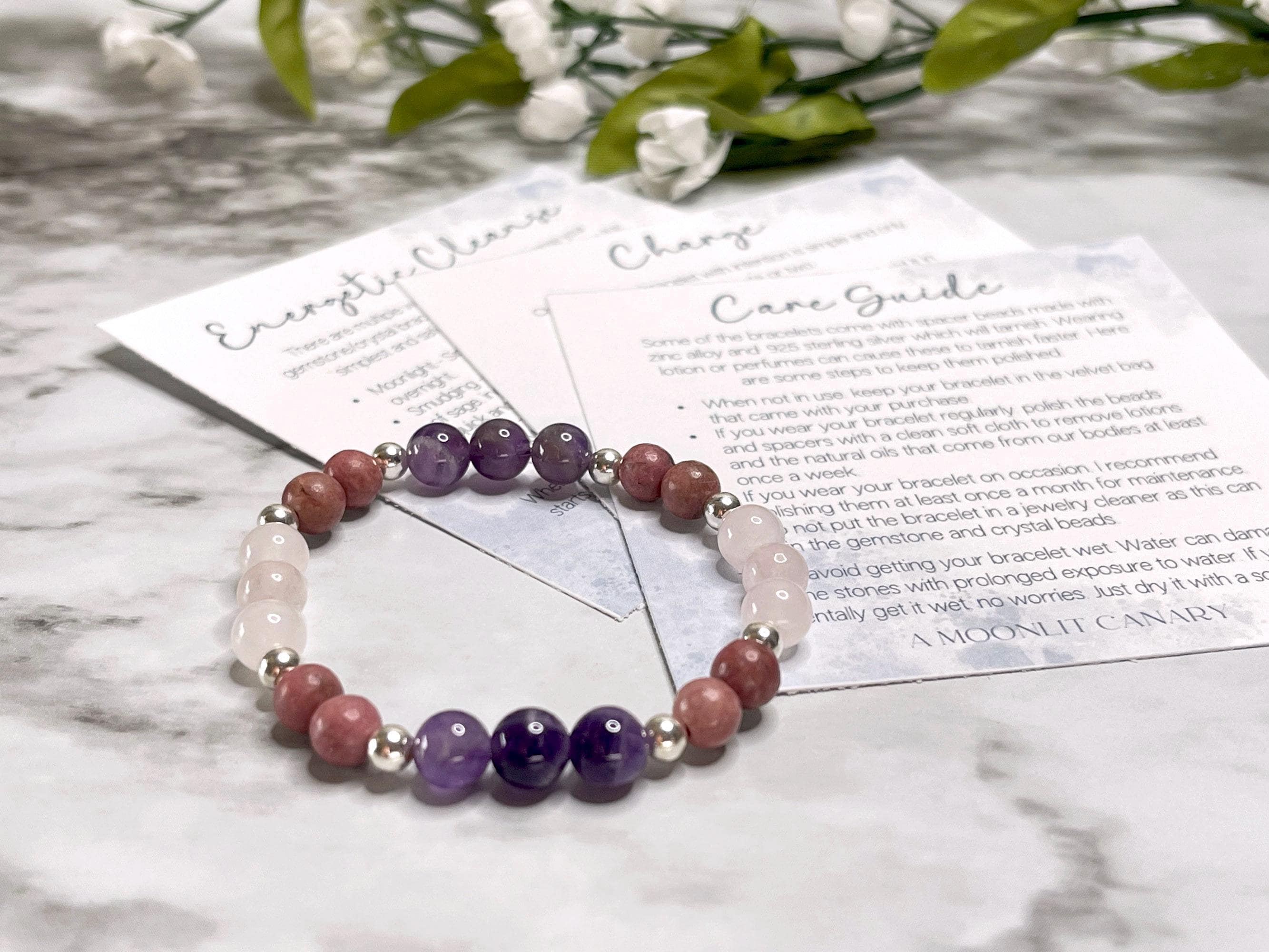 Breast Cancer Support Bracelet: Amethyst, Rose Quartz, Rhodochrosite ...
