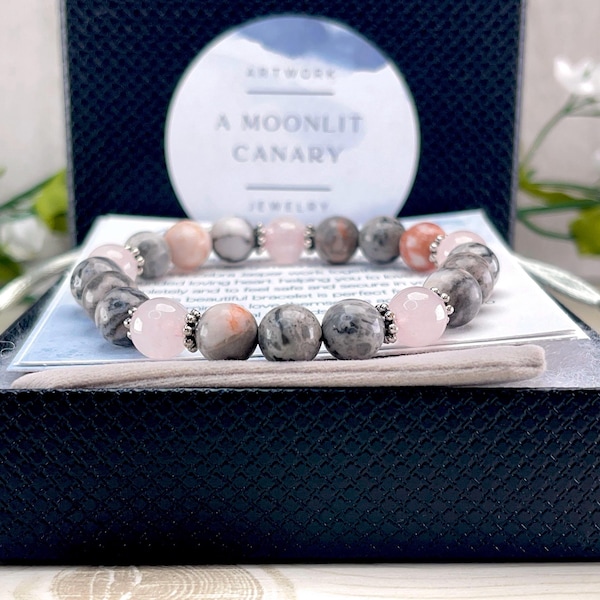 Rose Quartz and Pink Zebra Jasper beaded stretch bracelet with affirmations. Heart chakra bracelet for self-love. Custom sizing available