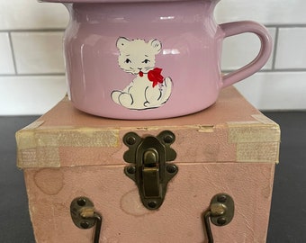 Vintage Baby Enamel Enamelware Chamber Pot Pee Pot Pink with Kitten and Original Box