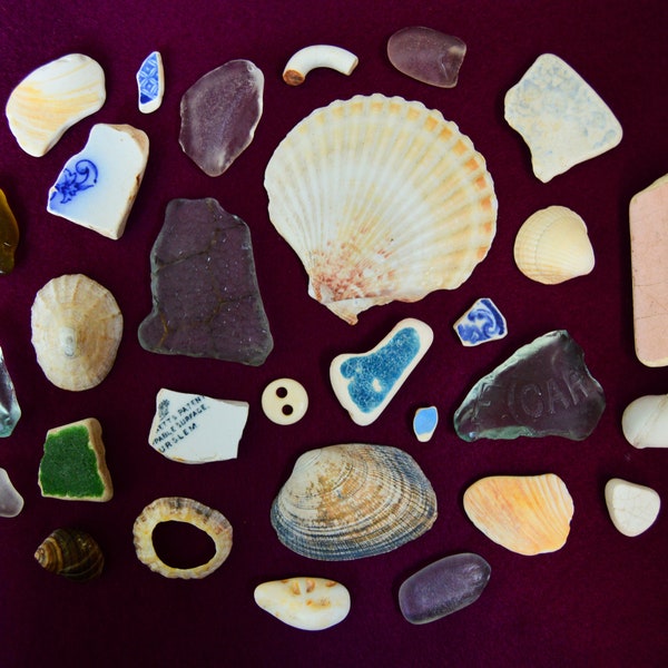 30 sea pottery pieces, shells, sea glass, vintage beach pottery found on the Celtic sea shore in Wales, supply for DIY, crafts, collections