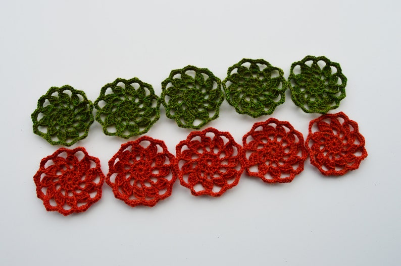 Crochet hand knitted flowers multicolor doilies accessories scrapbooking burnt orange and green set of 10 applications for crafts