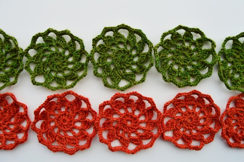 Crochet hand knitted flowers multicolor doilies accessories scrapbooking burnt orange and green set of 10 applications for crafts