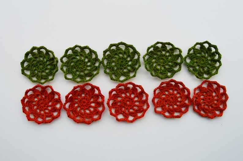 Crochet hand knitted flowers multicolor doilies accessories scrapbooking burnt orange and green set of 10 applications for crafts