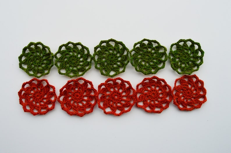 Crochet hand knitted flowers multicolor doilies accessories scrapbooking burnt orange and green set of 10 applications for crafts
