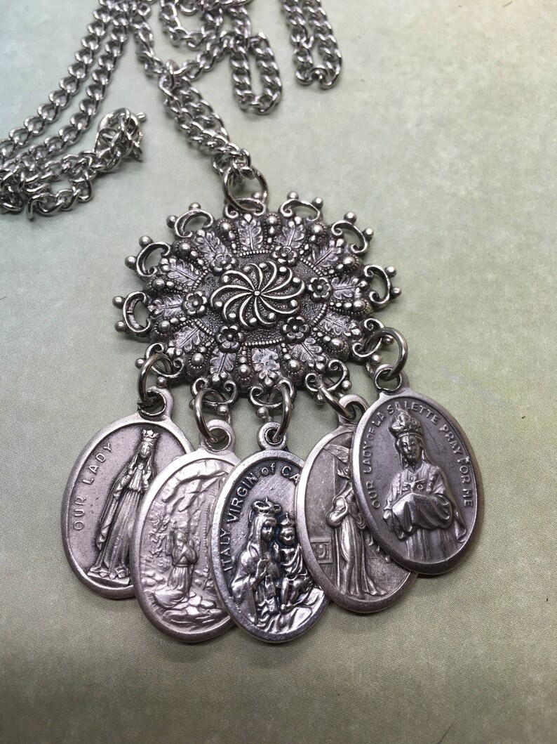 Blessed Mother Holy medal necklace w filigree stamped pendant. Etsy