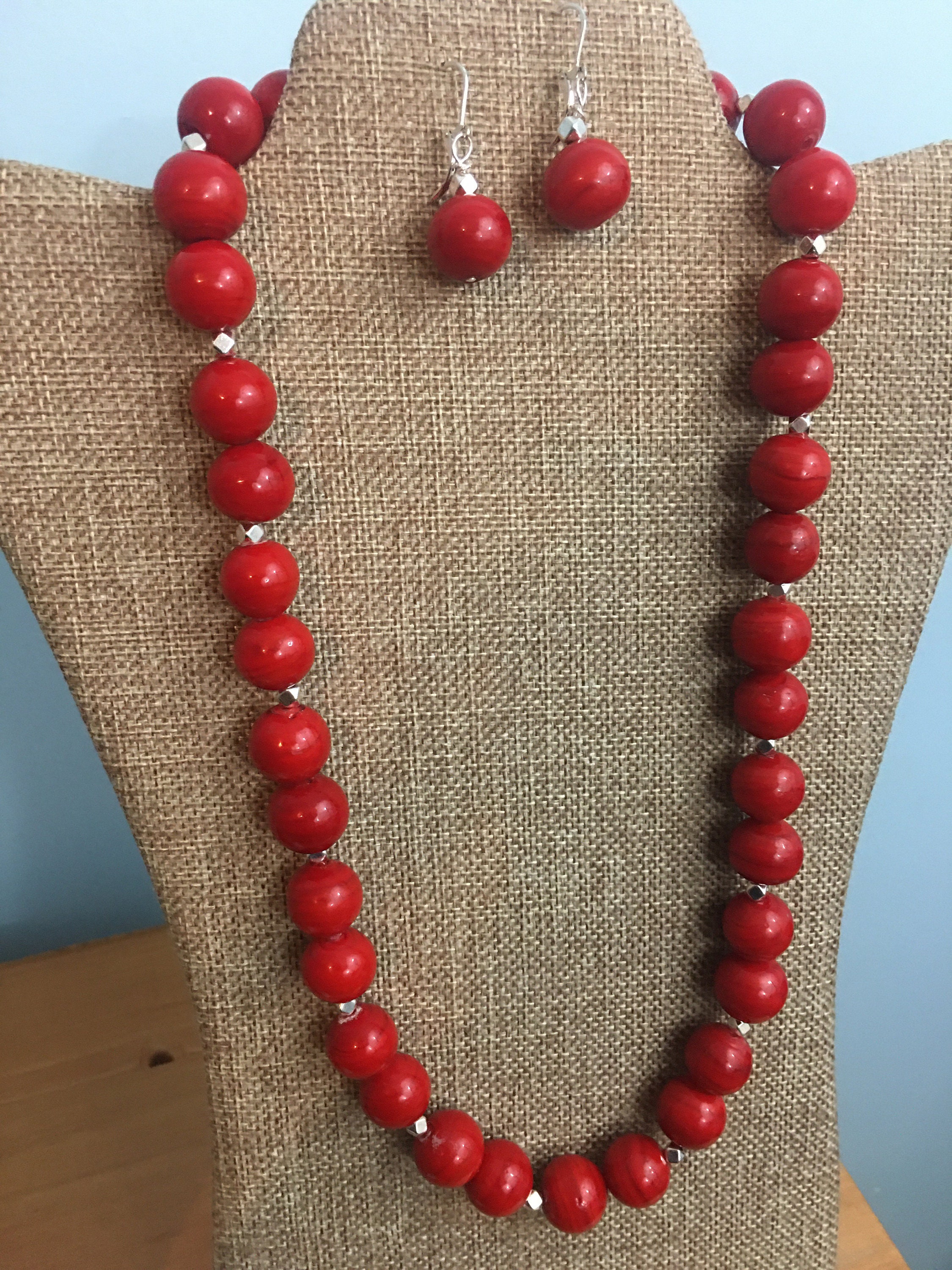 Red Glass Beads Necklace With Silver Spacers. Necklace 22 Long