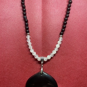 Large oval Black and White Crystal Agate Pendant on Selenite and Agate Beaded necklace/ Protection / 24” long / Pendant- 2” long and 2”wide