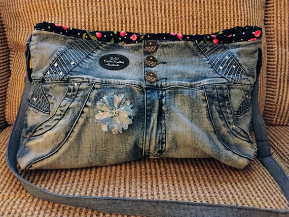 Recycled jeans crossbody bag with cherries lining