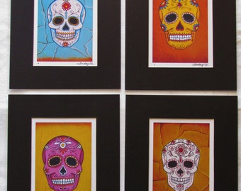 Day of the Dead Skulls Set of 4 Fine Art Matted Prints