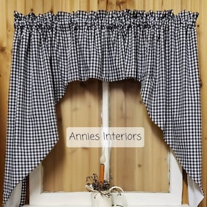 Black Gingham Check Farmhouse Swag Curtain  Valance 80" wide 36" Long by 12" Middle Lined