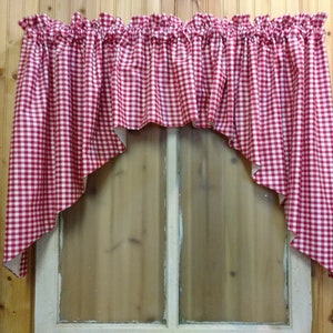 Farmhouse Red Check Gingham  Swag Valance 80" wide 36" Long by 12" Middle Lined