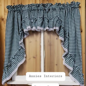 Green Gingham 1/4" Check Ruffled Swag Valance 80" wide 36" Long