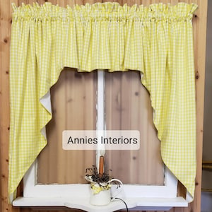 Yellow Gingham Check Farmhouse Curtain Valance Swag  Valance 80" wide 36" Long by 12" Middle Lined