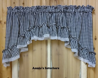 Farmhouse Country 1/4" Black Check  Ruffled Swag Valance Curtain 80" Wide by 36" Long with Lace