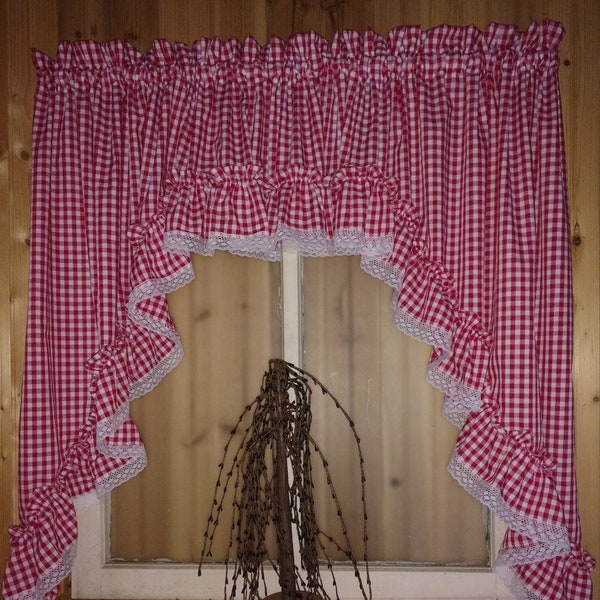 Farmhouse Country 1/4" Red Check  Ruffled Swag Valance Curtain 80" Wide by 36" Long with Lace