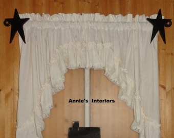 Farmhouse Country Muslin White   Ruffled Swag Valance Curtain 80" Wide by 36" Long with Lace