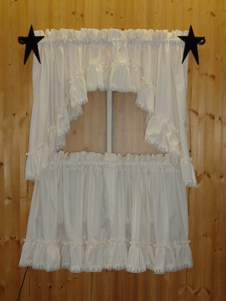 Farmhouse Country Muslin Off White Ruffled Swag Valance Curtain 80 Wide by 36 Long with Off White Lace image 2