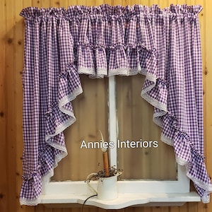 Yellow Gingham Ruffled Swag Valance Curtain with Lace (80&quot;x36&quot;)