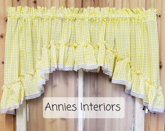 Farmhouse Country Yellow Check  Ruffled Swag Valance Curtain 80" Wide by 36" Long with Lace