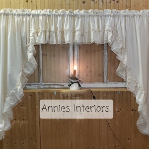 Farmhouse Country Muslin Off White  Ruffled Swag Valance Curtain 80" Wide by 36" Long with Off White Lace